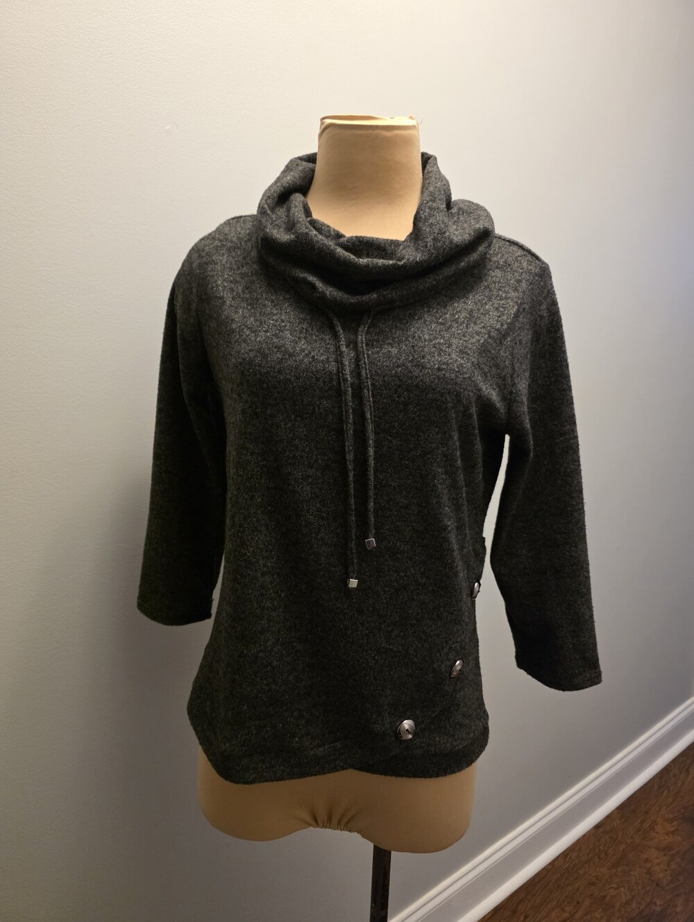 Adrienne Vittadini Gray Cowl Drawstring Sweater